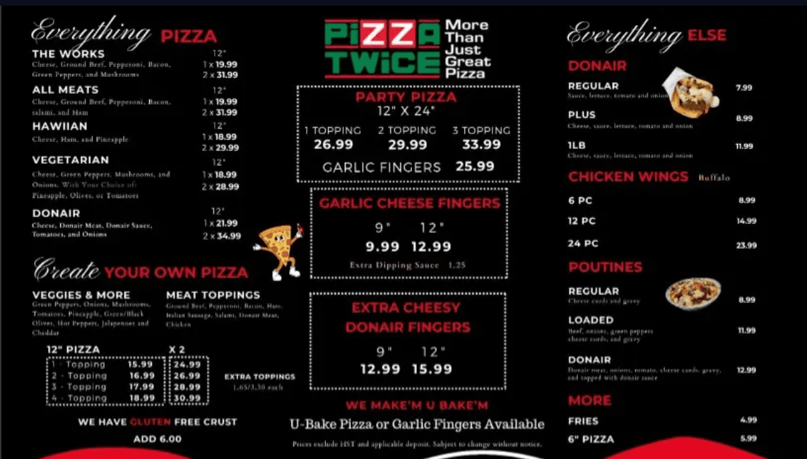 Pizza Twice Penniac Original Menu Card